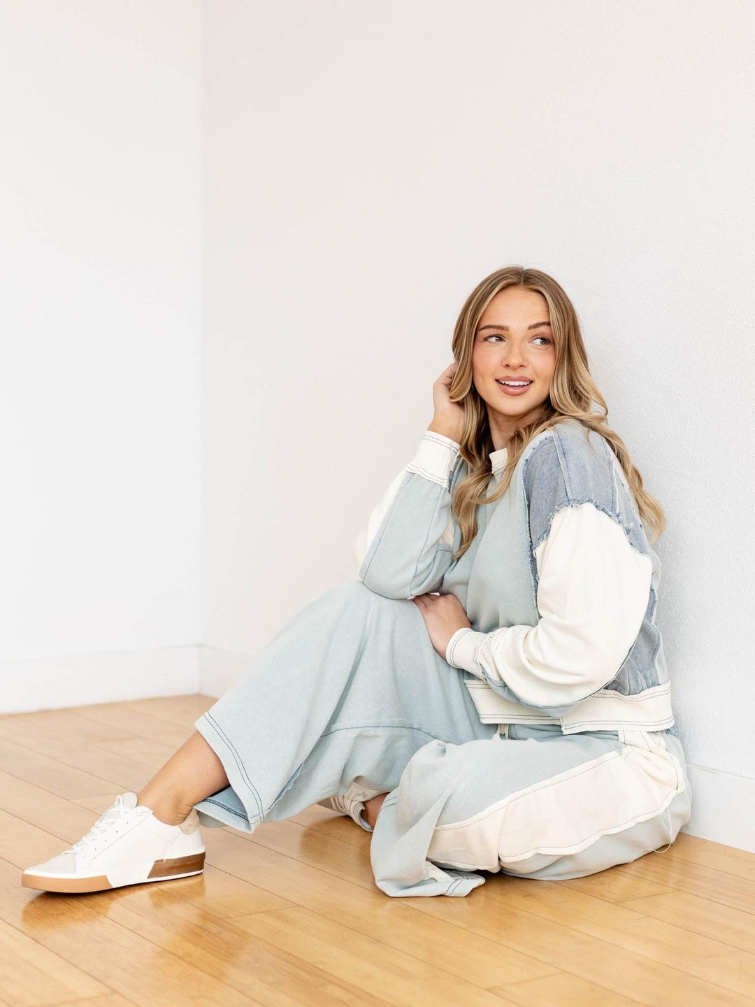 sage and denim stitched fleece top