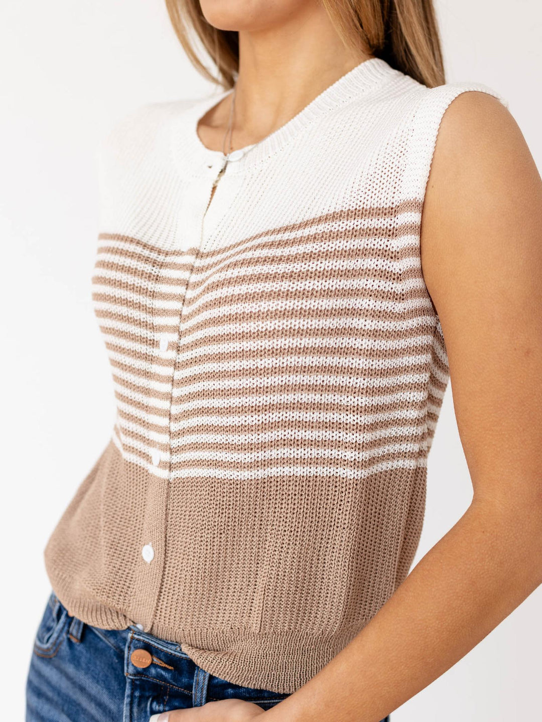 brown and white color block stripe sleeveless cardigan