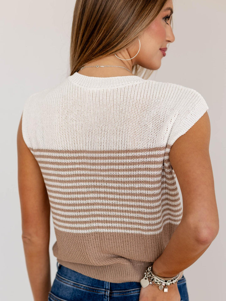 brown and white color block stripe sleeveless cardigan