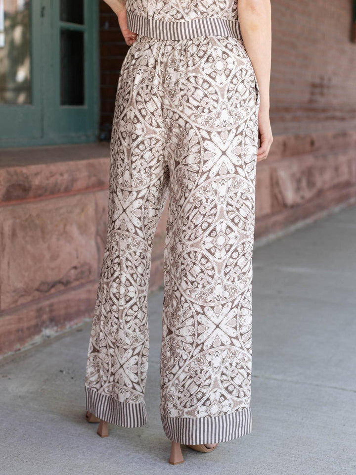 tan contrast printed wide leg pants