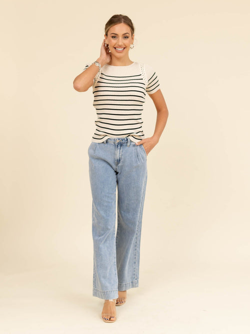 cream and black fitted stripe top