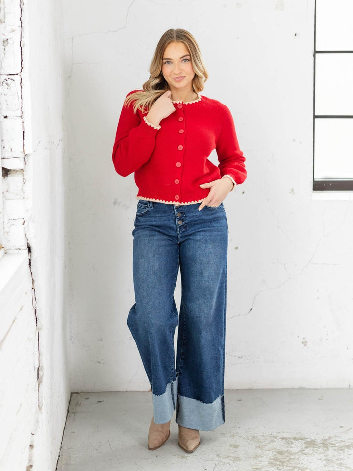 red and cream button front cardigan