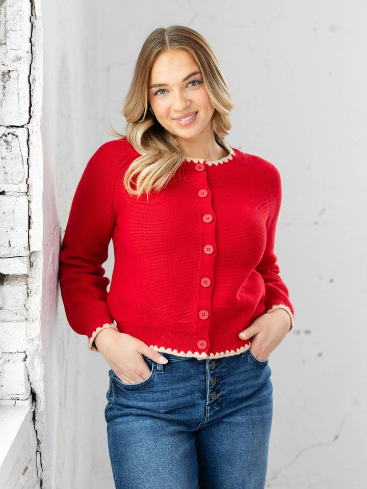 red and cream button front cardigan