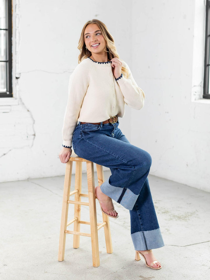 navy and cream scallop stitch cardigan