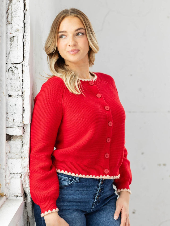 red and cream button front cardigan
