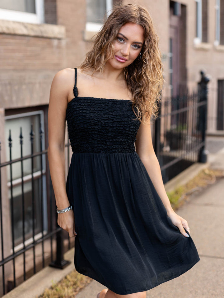 Cord Detail Smocking Mini Dress