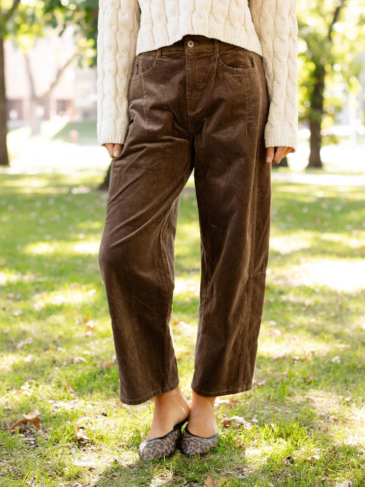 chocolate brown corduroy barrel pants