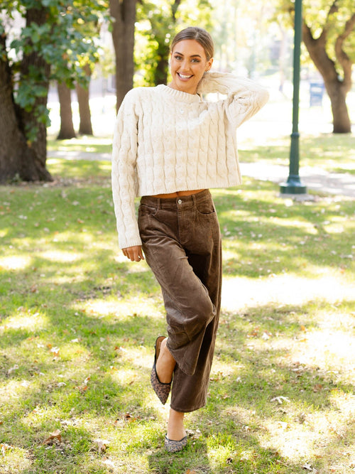 chocolate brown corduroy barrel pants