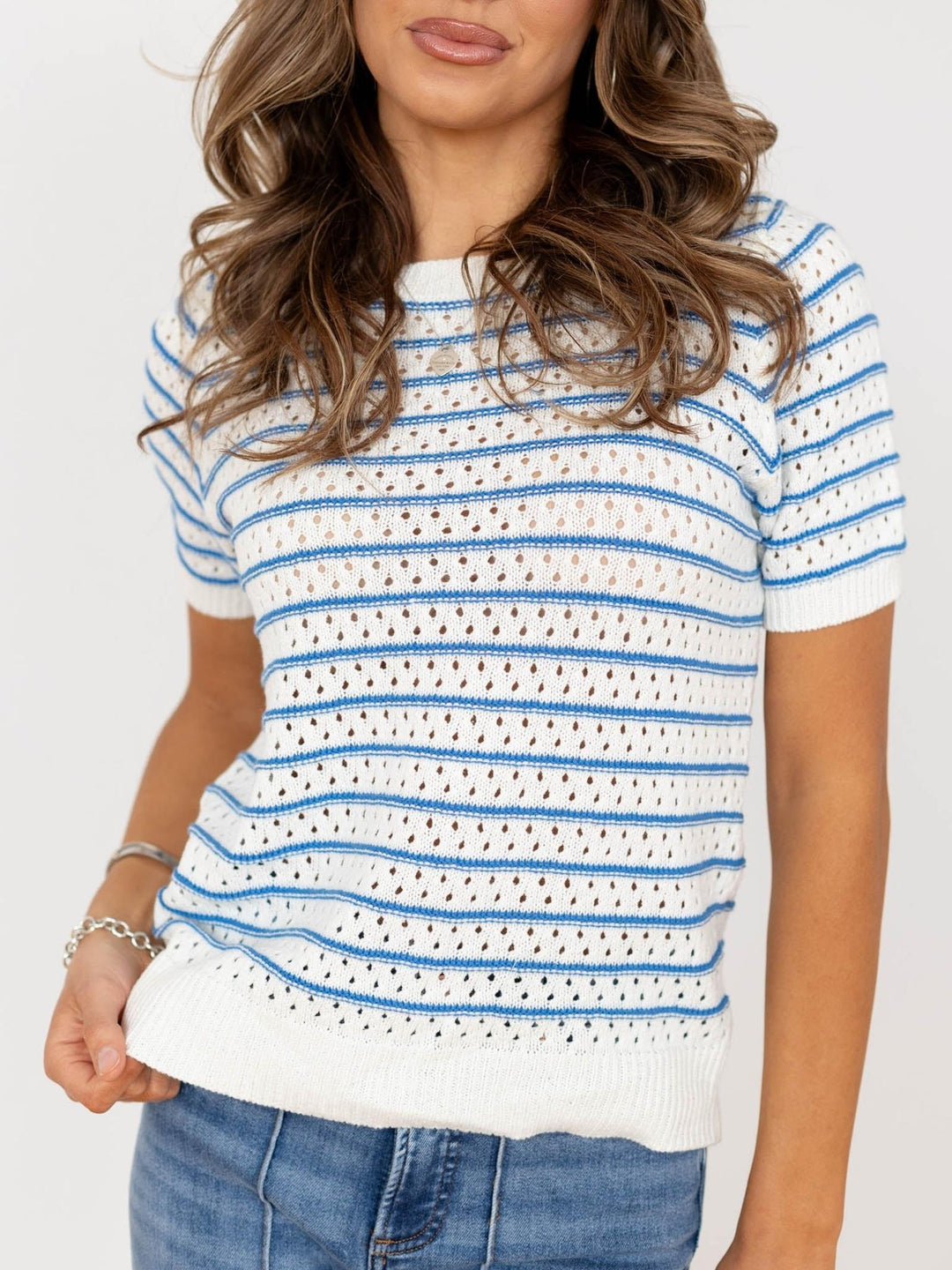 white and blue stripe short sleeve sweater