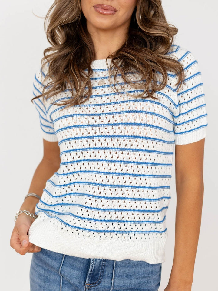 white and blue stripe short sleeve sweater