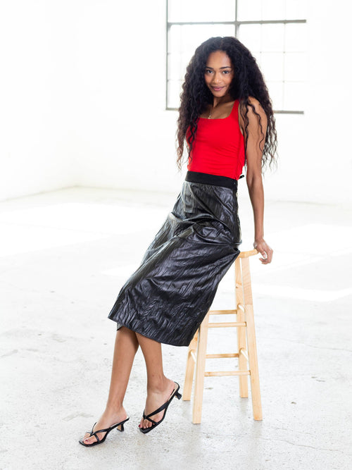 faux leather crinkle midi skirt