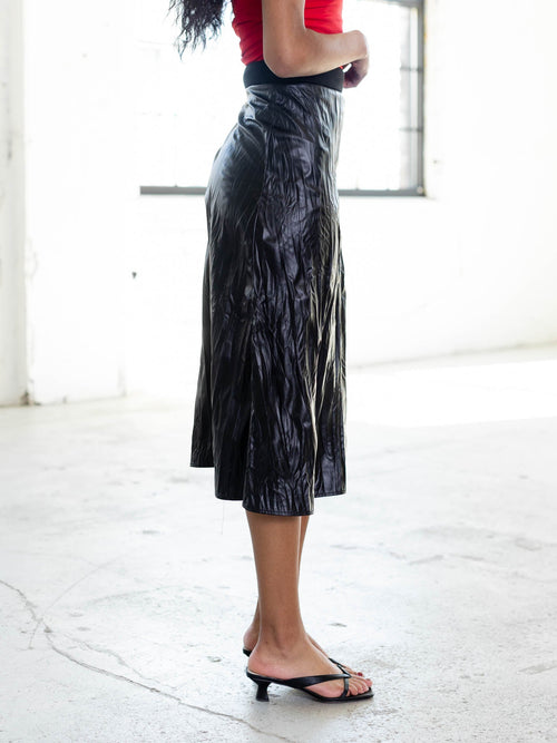 faux leather crinkle midi skirt