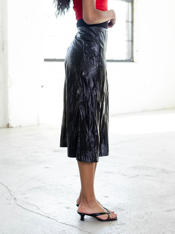 faux leather crinkle midi skirt