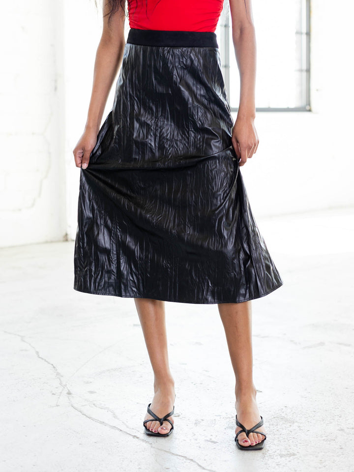 faux leather crinkle midi skirt