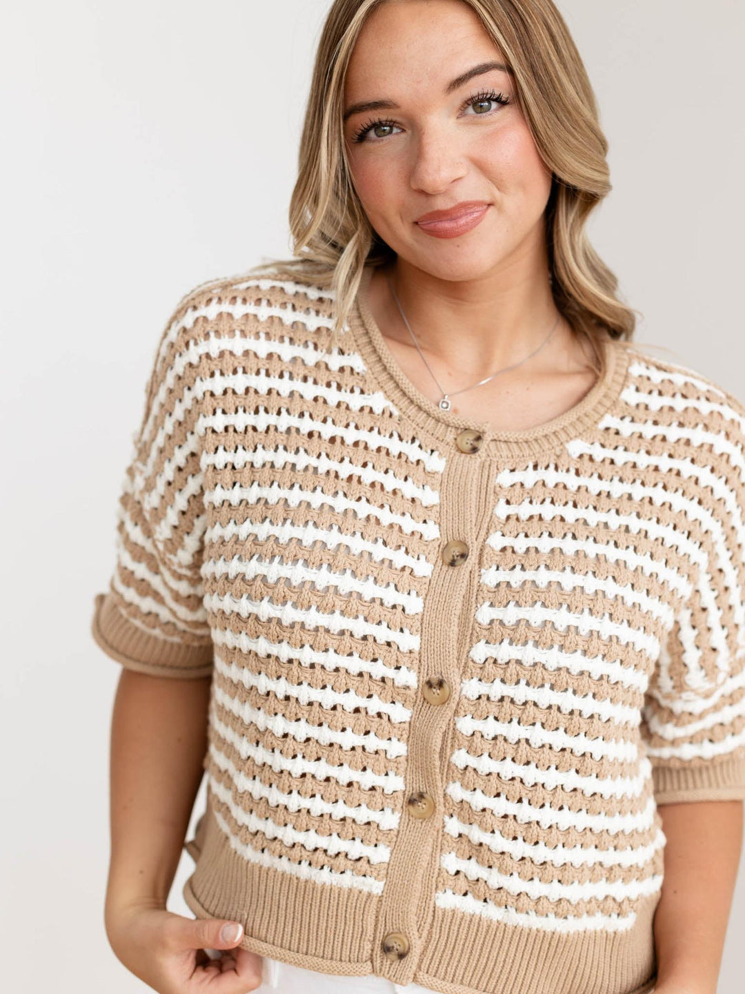 cropped short sleeve striped cardigan sweater
