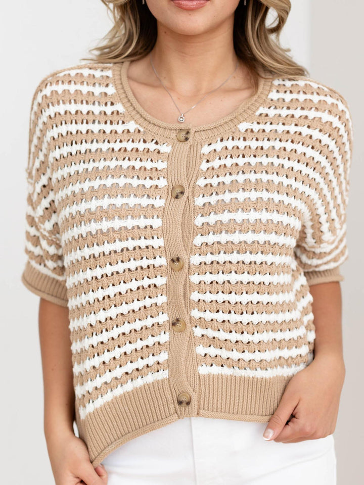 cropped short sleeve striped cardigan sweater
