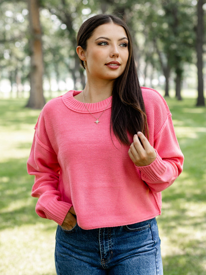 hot pink drop shoulder boxy sweater