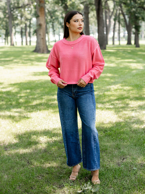hot pink drop shoulder boxy sweater