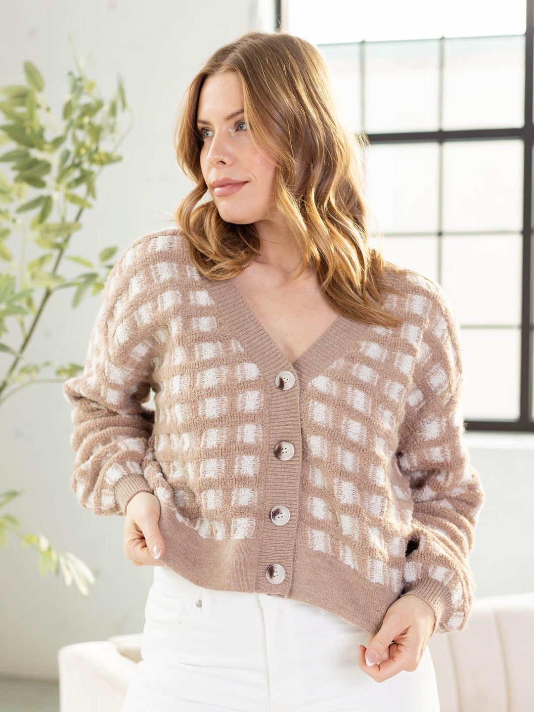 tan checkered v neck cardigan
