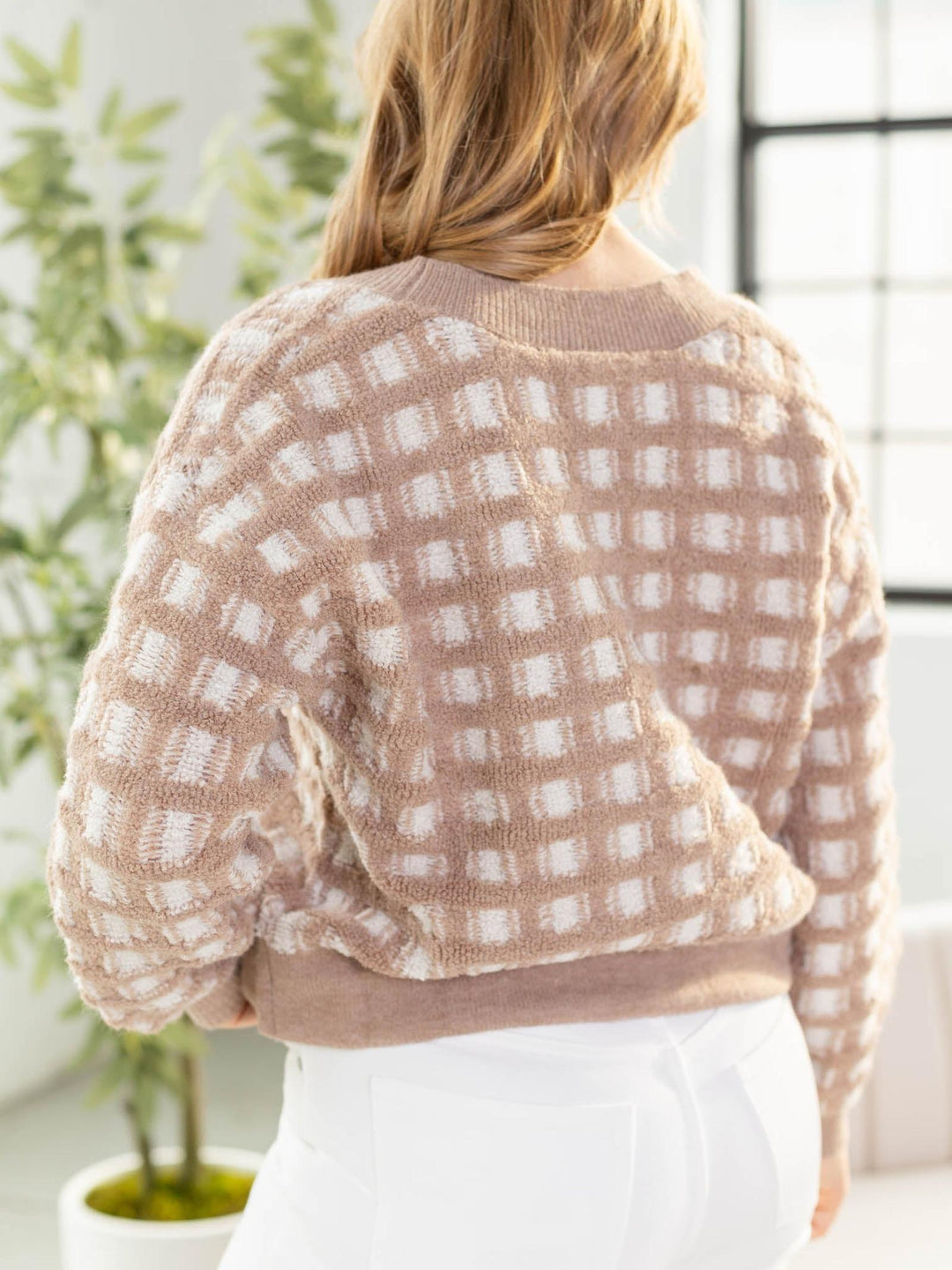 tan checkered v neck cardigan