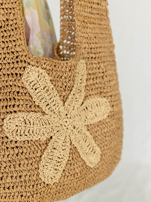 neutral floral raffia tote