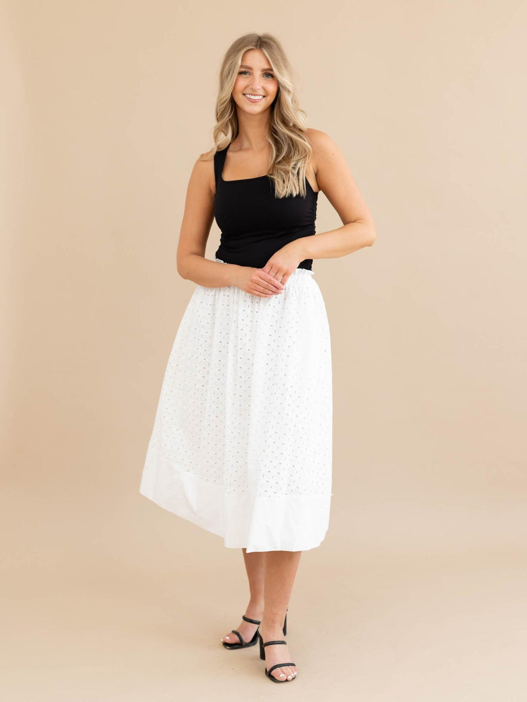 white gathered waist eyelet midi skirt