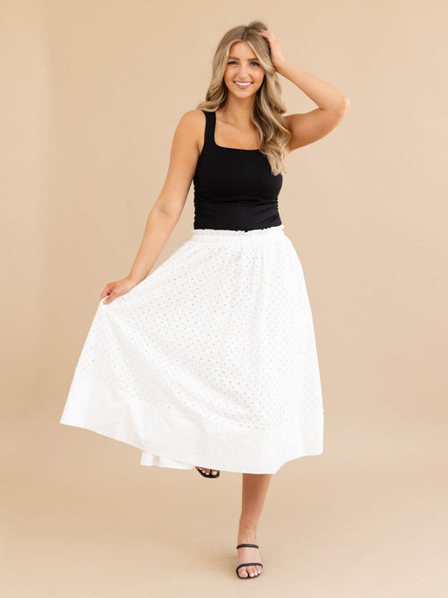 white gathered waist eyelet midi skirt