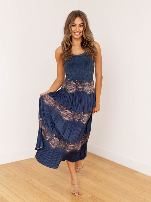 blue pleated paisley printed skirt