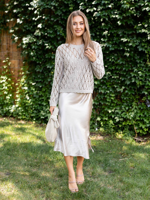 satin pointelle knit sweater dress set