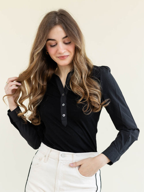black contrast ribbed henley collared shirt