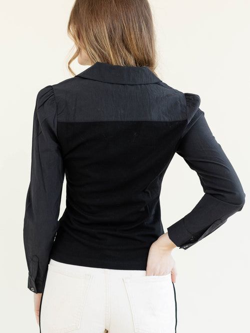 black contrast ribbed henley collared shirt