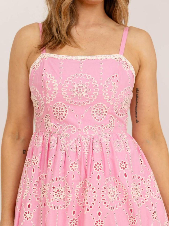 pink smocked midi dress