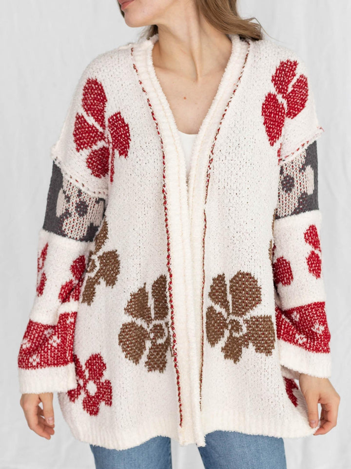 oversized terry knit floral print cardigan