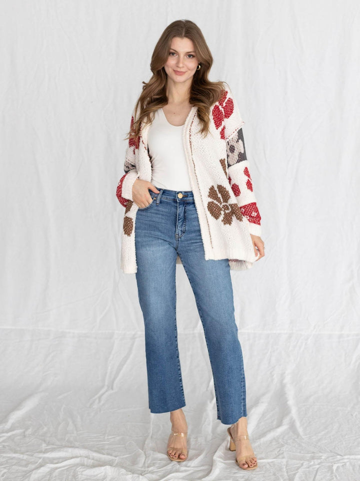 oversized terry knit floral print cardigan
