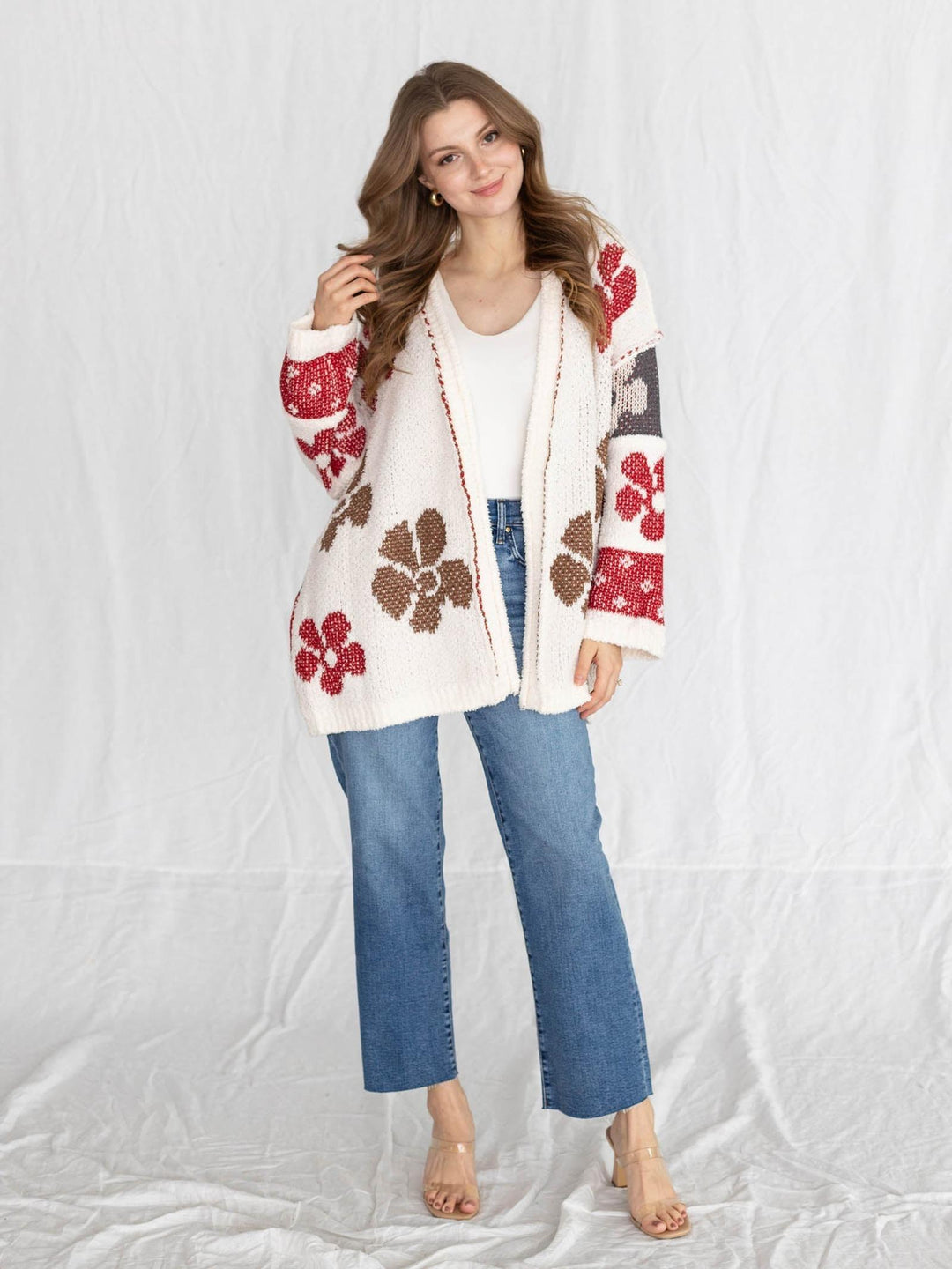 oversized terry knit floral print cardigan