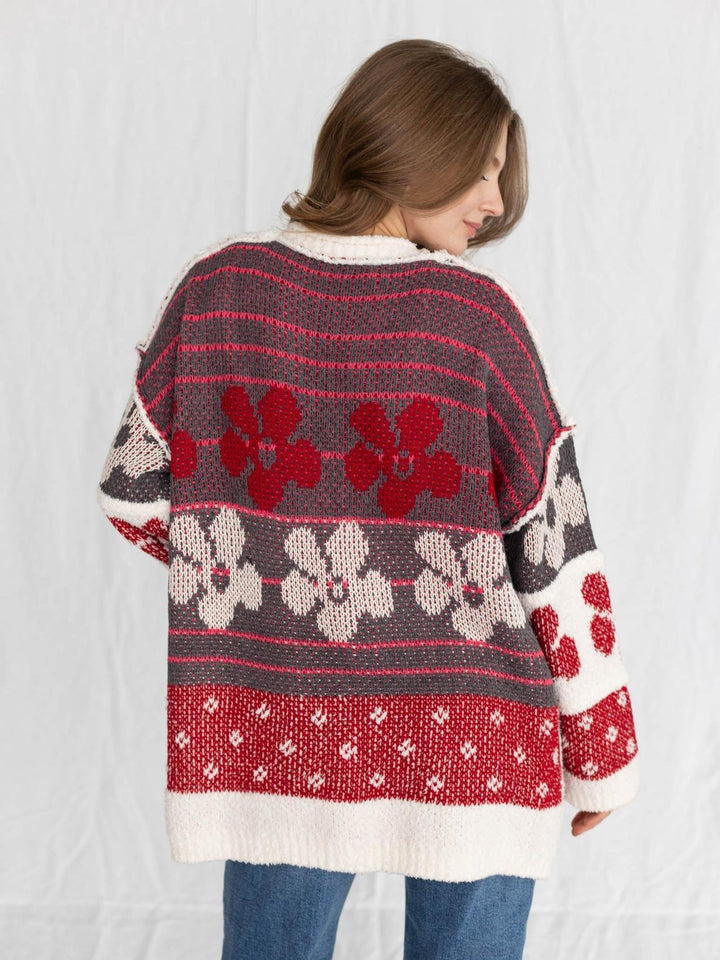 oversized terry knit floral print cardigan