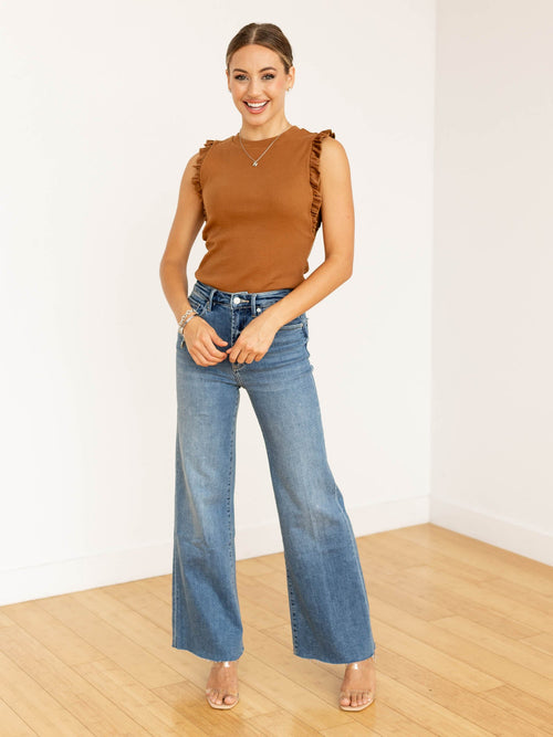 light brown ruffle sleeve fitted top