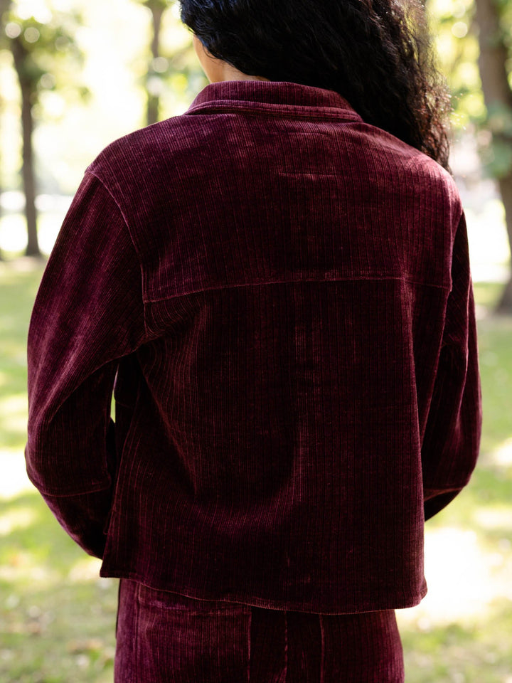 wine colored textured corduroy jacket
