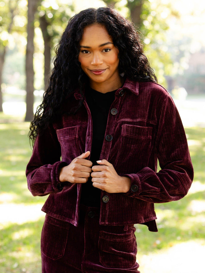 wine colored textured corduroy jacket