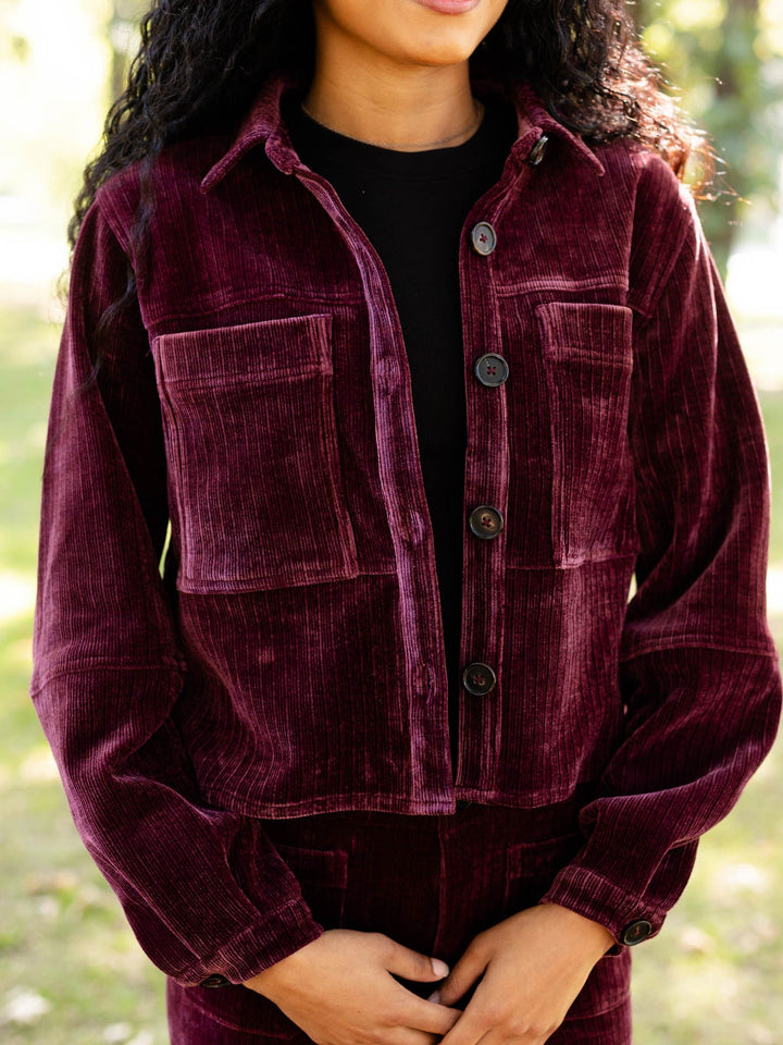 wine colored textured corduroy jacket