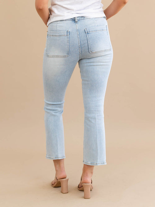 light wash patch pocket small flare denim