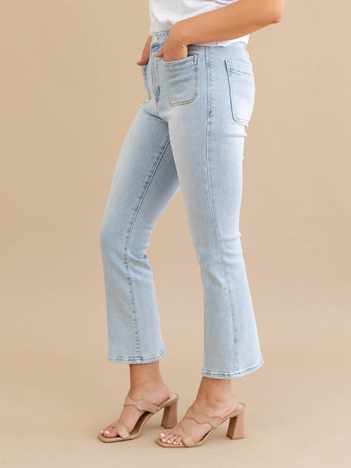 light wash patch pocket small flare denim
