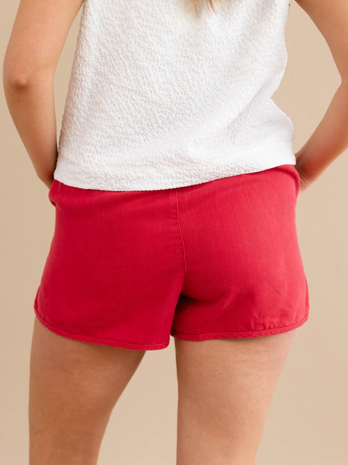red soft drawstring shorts