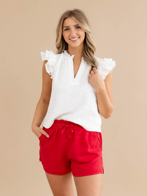 red soft drawstring shorts