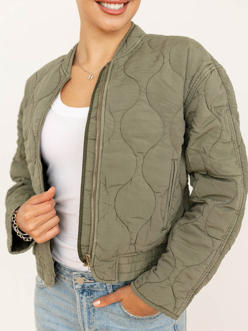 green quilted zip front jacket