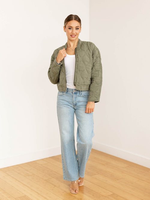 green quilted zip front jacket