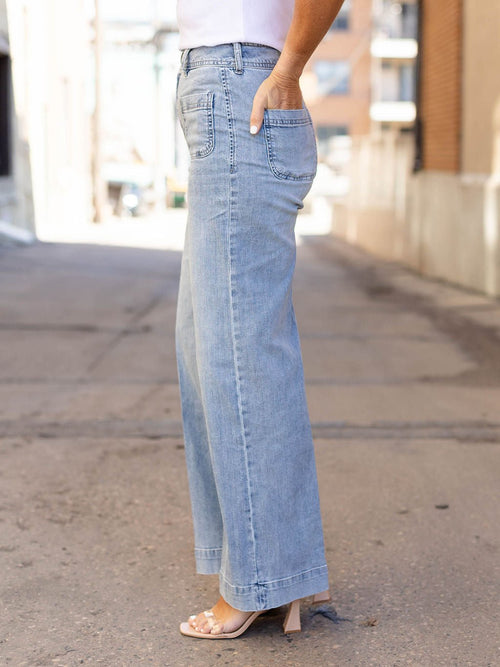 light wash patch pocket wide leg denim