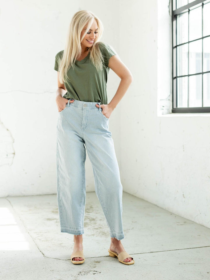 pinstripe barrel jean