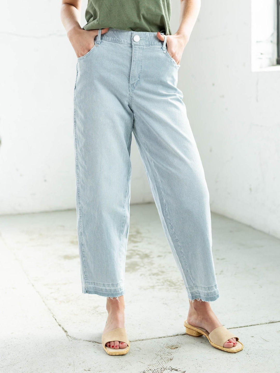 pinstripe barrel jean