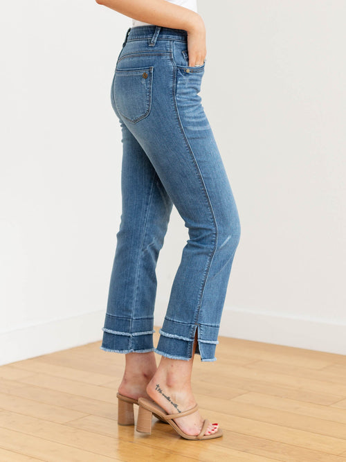 layered frayed kick flare medium wash denim